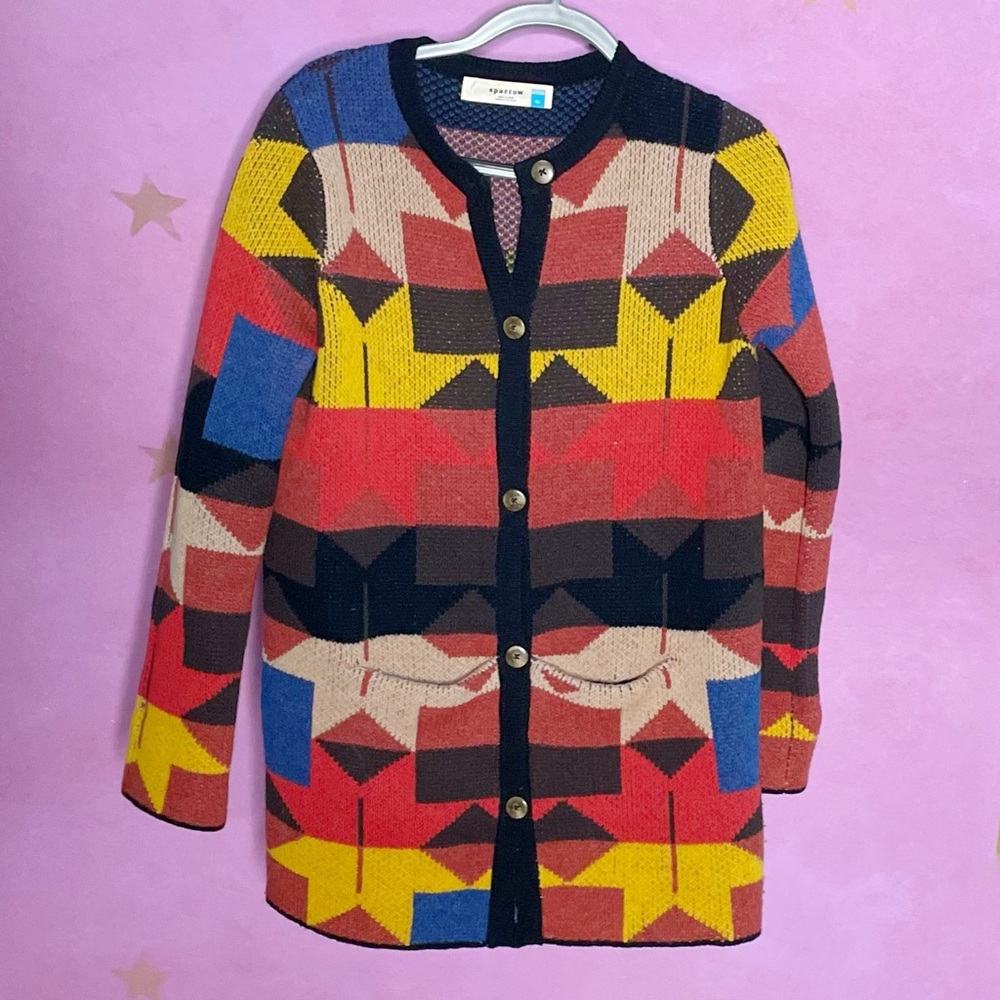 Sparrow Anthro Multicolor Geometric Lodestar Wool Cardigan Sweater Medium